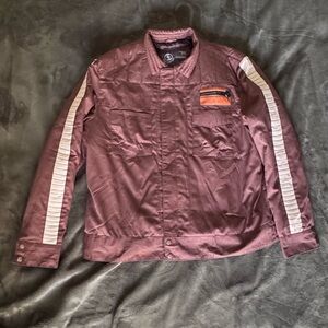 Maroon Bomber Jacket with Leather Sleeve Stripes Size M